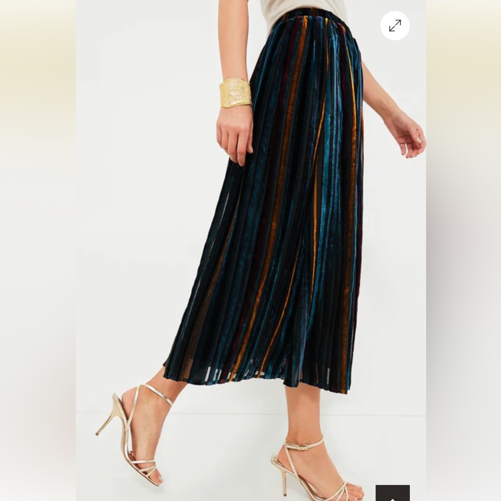 Tuckernuck Navy Pleated Velvet Midi Skirt with Teal and Gold Stripes